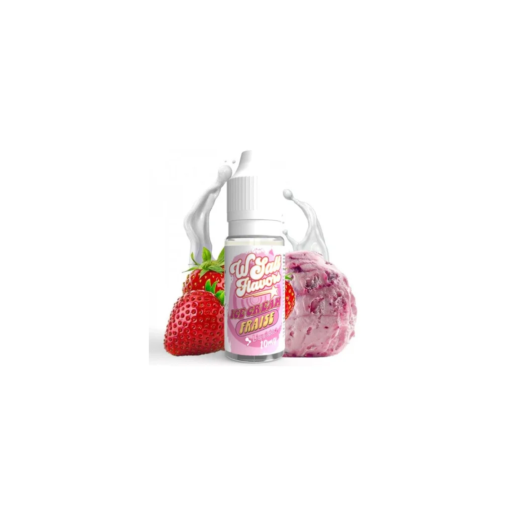 Frasco de Strawberry Ice Cream Liquideo de 10 ml con etiqueta rosa, junto a fresas, una bola de helado rosa y salpicaduras blancas.