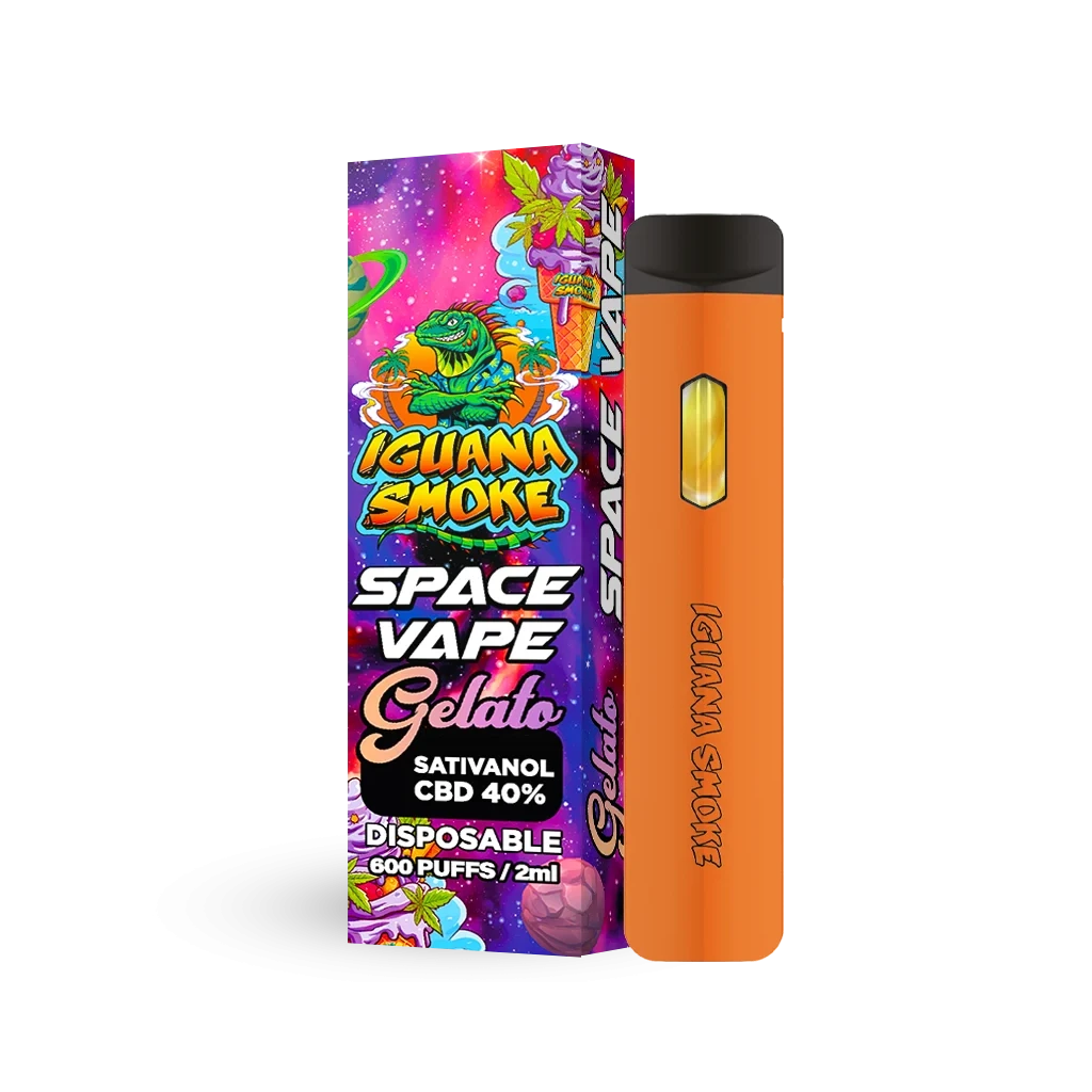 Pod desechable Space Vape Gelato naranja con boquilla negra y ventana frontal, junto a su caja multicolor Iguana Smoke sobre fondo negro.