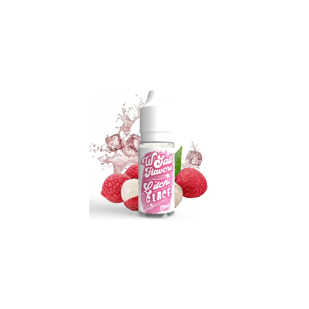 Frasco de Liquideo de 10 ml con tapón blanco y etiqueta rosa «Litchi Glacé», rodeado de lichis, hielo y una salpicadura sobre fondo blanco.