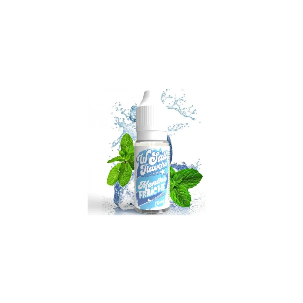 Frasco de sales de nicotina Fresh Mint Liquideo de 10 ml, con tapón blanco y etiqueta azul, junto a hojas de menta, hielo y agua.