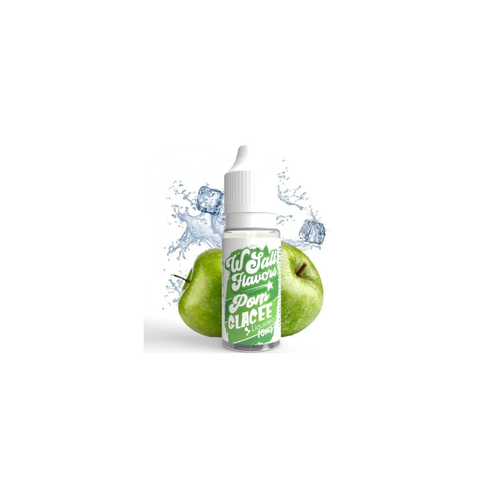 Frasco de Apple Slush Nicotine Salts Liquideo con tapón blanco y etiqueta verde, acompañado de manzanas verdes, cubitos y salpicaduras.
