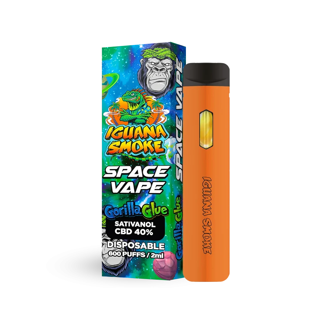 Pod Space Vape Gorilla Glue naranja con boquilla negra junto a su caja ilustrada, rotulada CBD 40 %, 600 puffs y 2 ml.