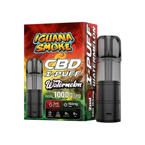 I-PUFF Watermelon de Iguana Smoke con boquilla translúcida junto a su caja roja y verde, rotulada CBD y 1000 puffs.