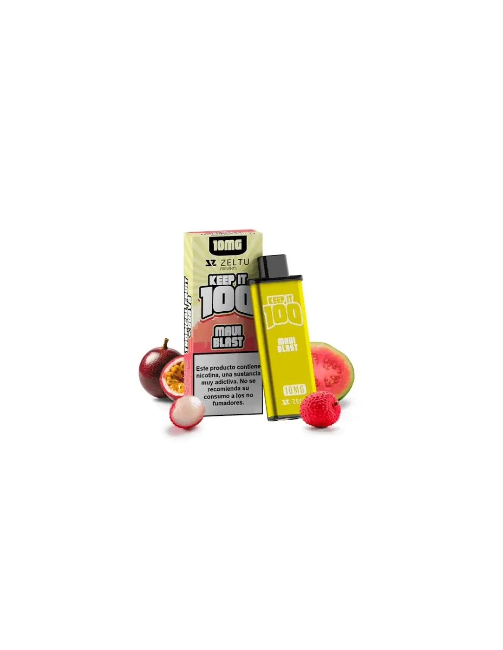 Pod amarillo Keep it 100 Maui Blast para Zeltu X3 junto a su caja, con frutas alrededor, en un recuadro blanco con amplio margen negro.