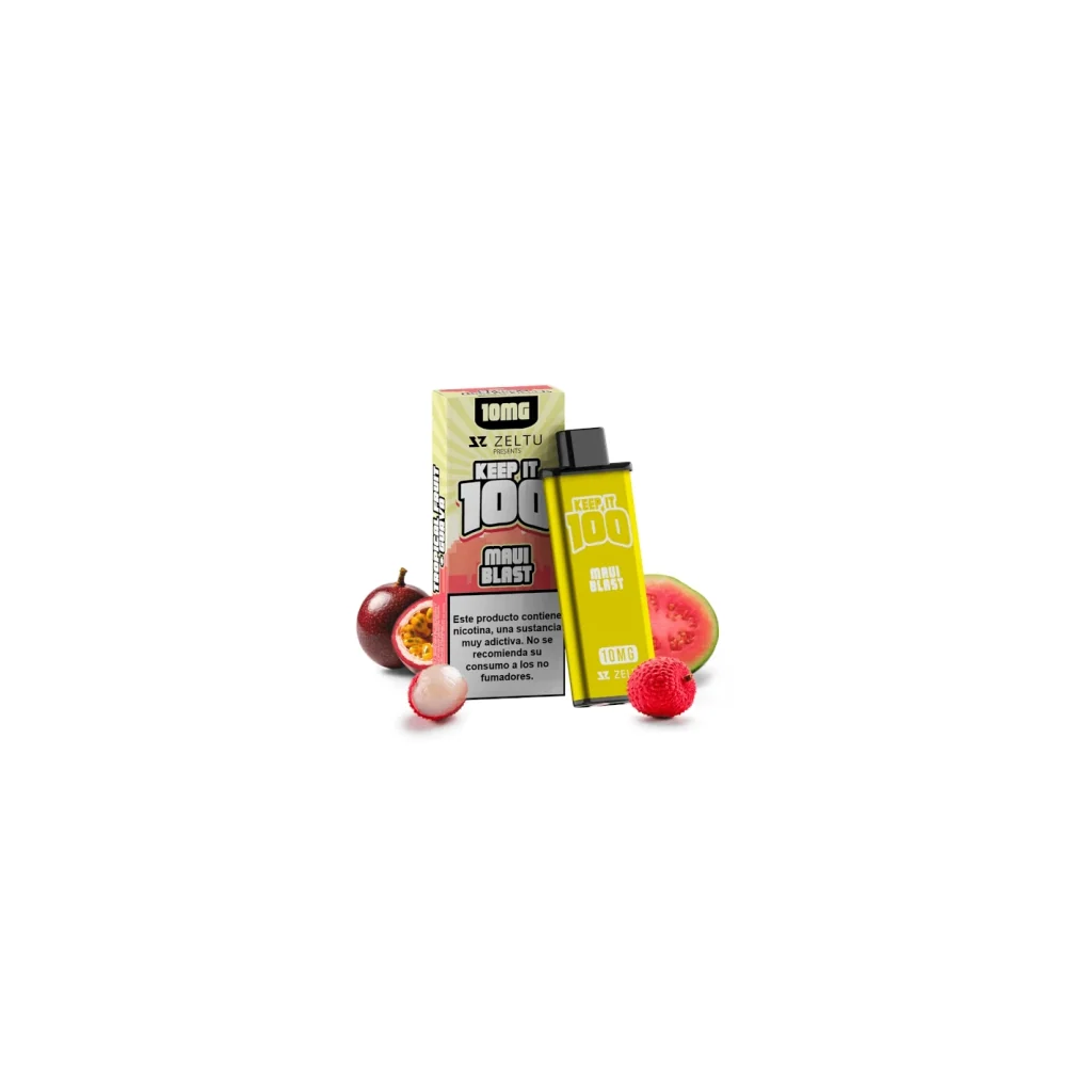 Pod amarillo Keep it 100 Maui Blast para Zeltu X3 junto a su caja, con frutas alrededor, en un recuadro blanco con amplio margen negro.