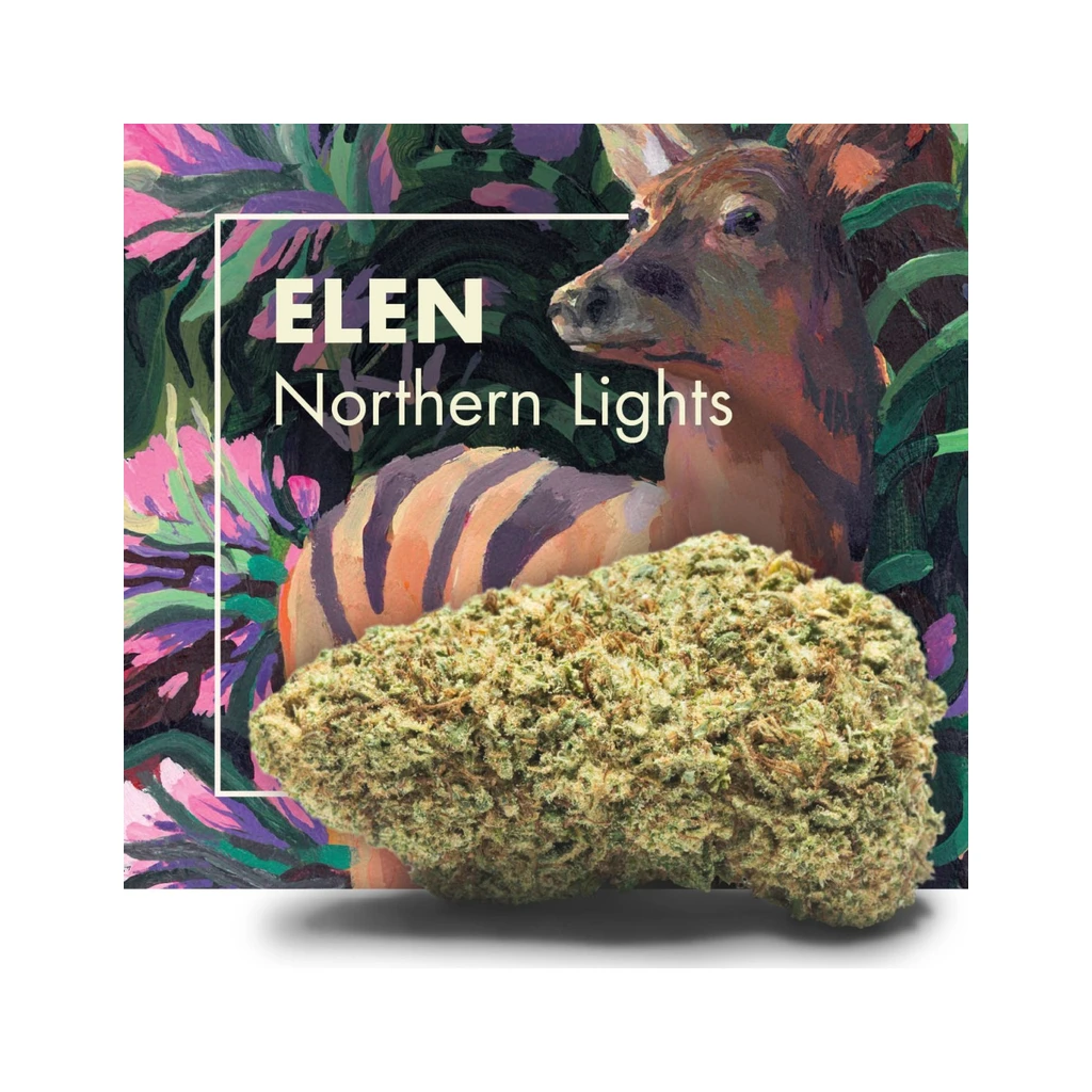 Cogollo de ELEN Northern Lights de Cannactiva ante un fondo ilustrado con un ciervo, vegetación y el nombre de la variedad.