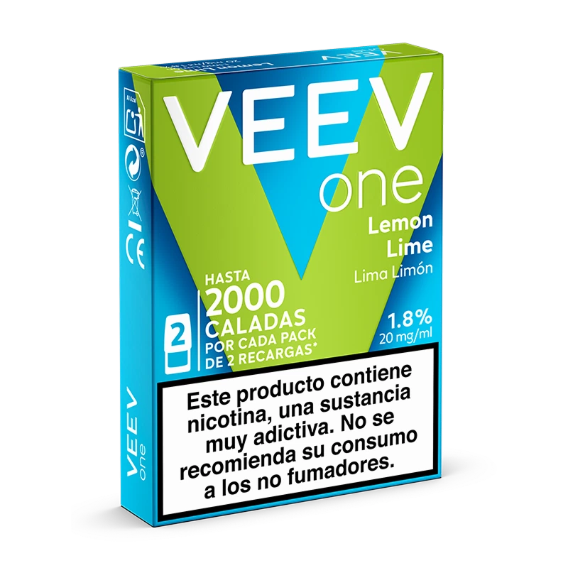 Caja verde y azul de recargas VEEV One Lima Limón, vista en perspectiva, con etiqueta de 20 mg/ml y advertencia sobre la nicotina.