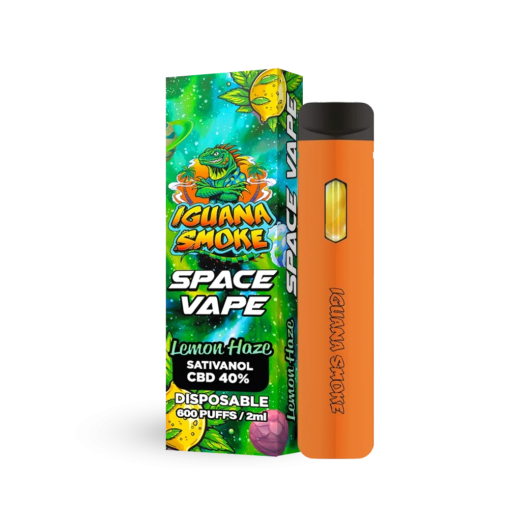 Pod desechable Space Vape Lemon naranja con boquilla negra, junto a su caja verde ilustrada con una iguana y limones.