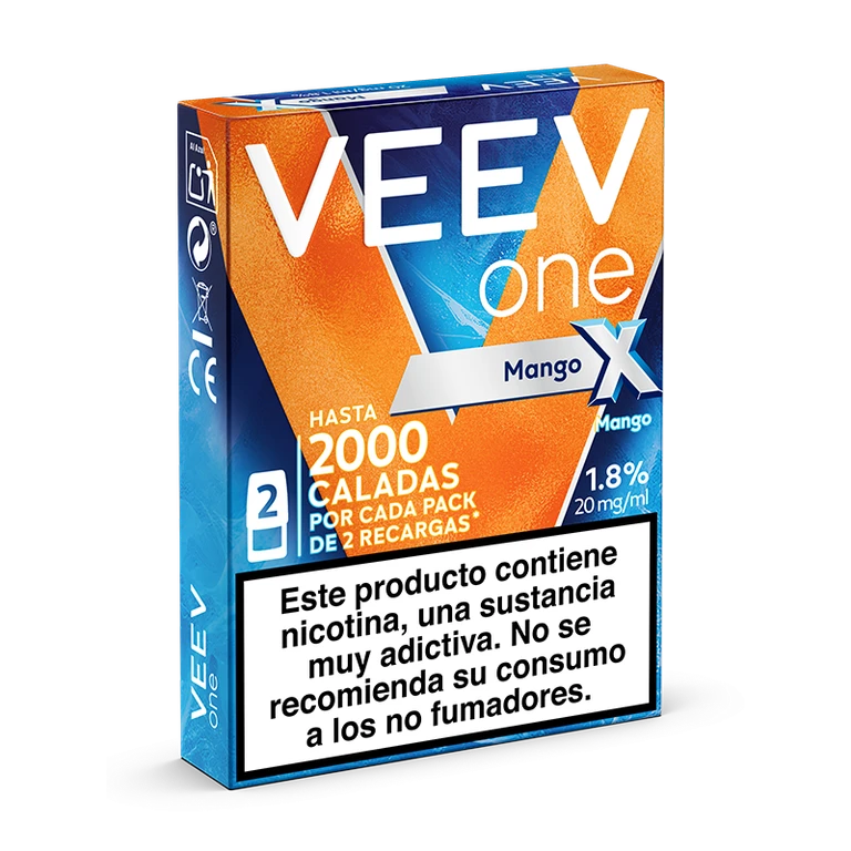 Caja naranja y azul de recargas VEEV One Mango, vista en perspectiva, con etiqueta de 20 mg/ml y advertencia sobre la nicotina.