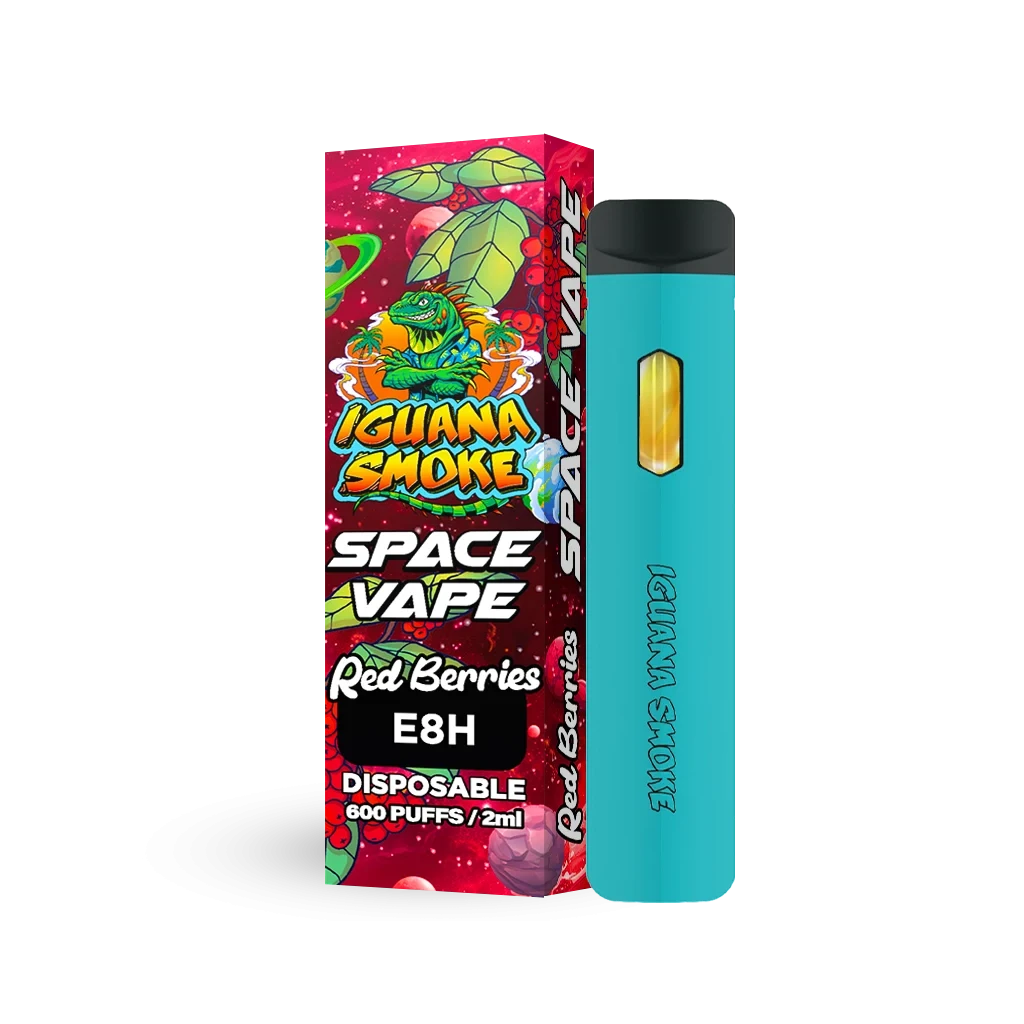 Vape desechable Space Vape E8H turquesa junto a su caja de frutos rojos, con una iguana ilustrada y la indicación 600 puffs / 2 ml.