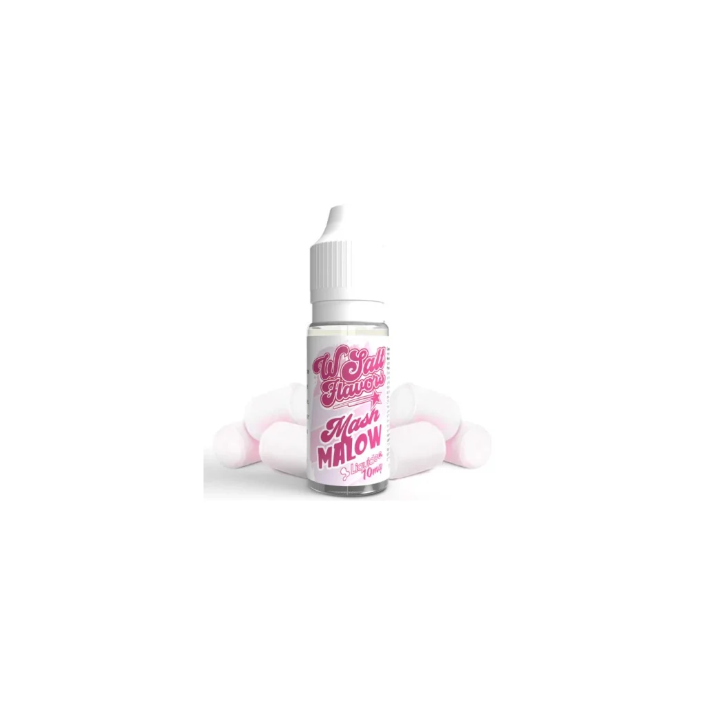 Frasco de sales de nicotina Mashmalow de 10 ml, con tapón blanco y etiqueta rosa, delante de varias nubes de golosina blancas y rosas.