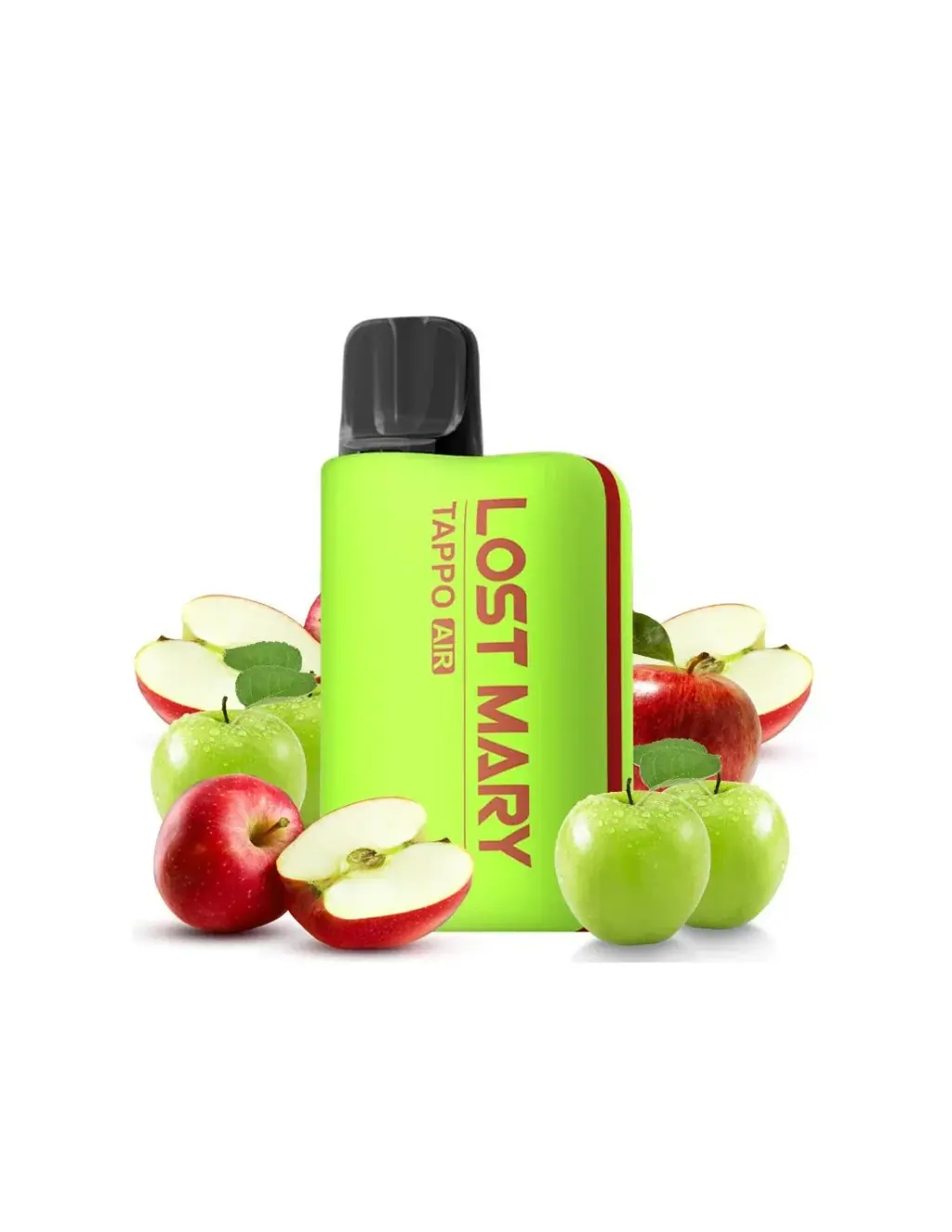 Lost Mary Tappo Air verde con boquilla negra y letras rojas, rodeado de manzanas verdes y rojas, enteras y cortadas, sobre fondo blanco.