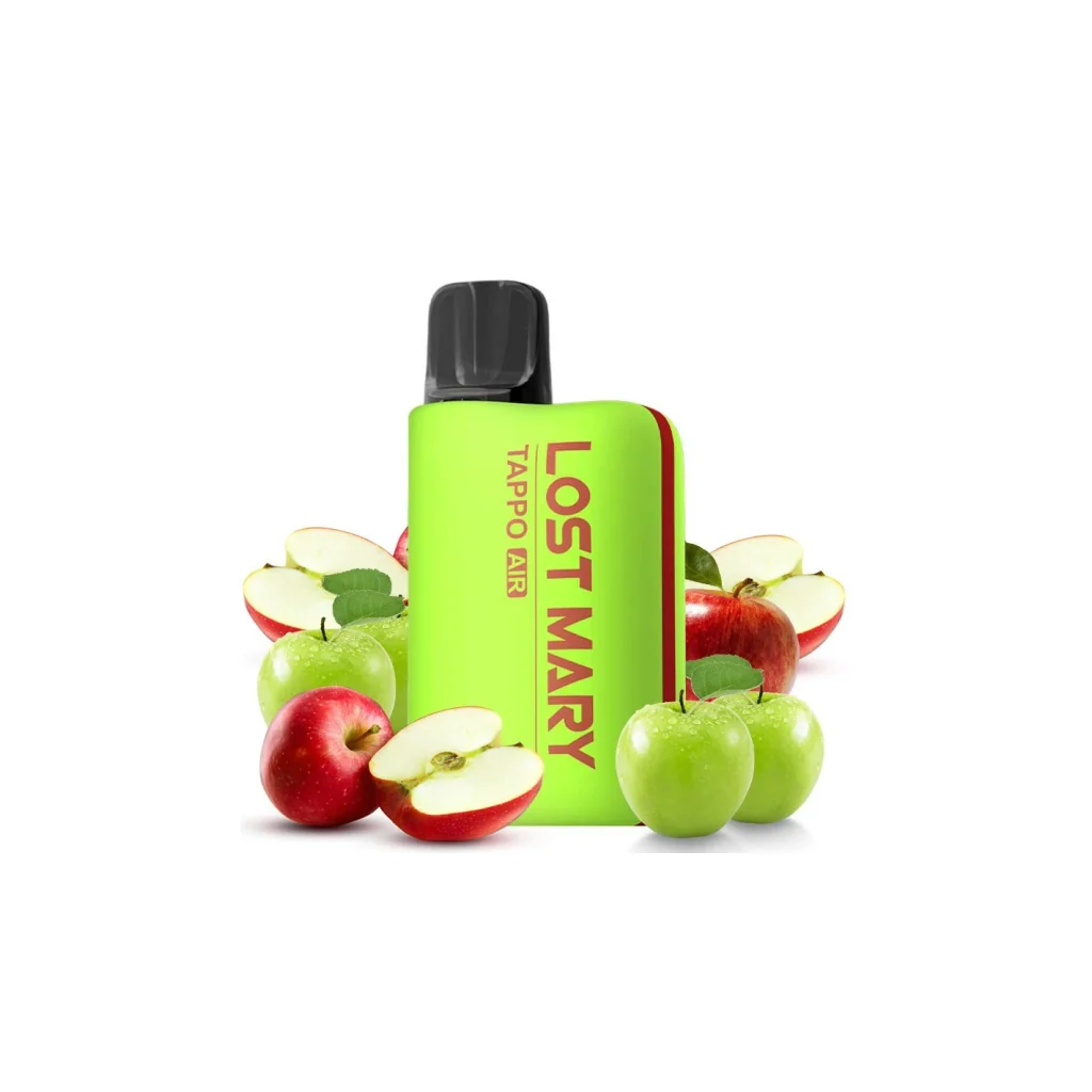Lost Mary Tappo Air verde con boquilla negra y letras rojas, rodeado de manzanas verdes y rojas, enteras y cortadas, sobre fondo blanco.
