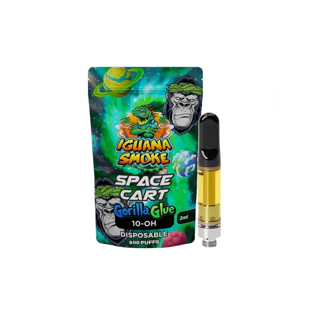 Cartucho Iguana Smoke con líquido amarillo y boquilla negra junto a su envase Space Cart Gorilla Glue 10-OH, con dibujos de gorilas.