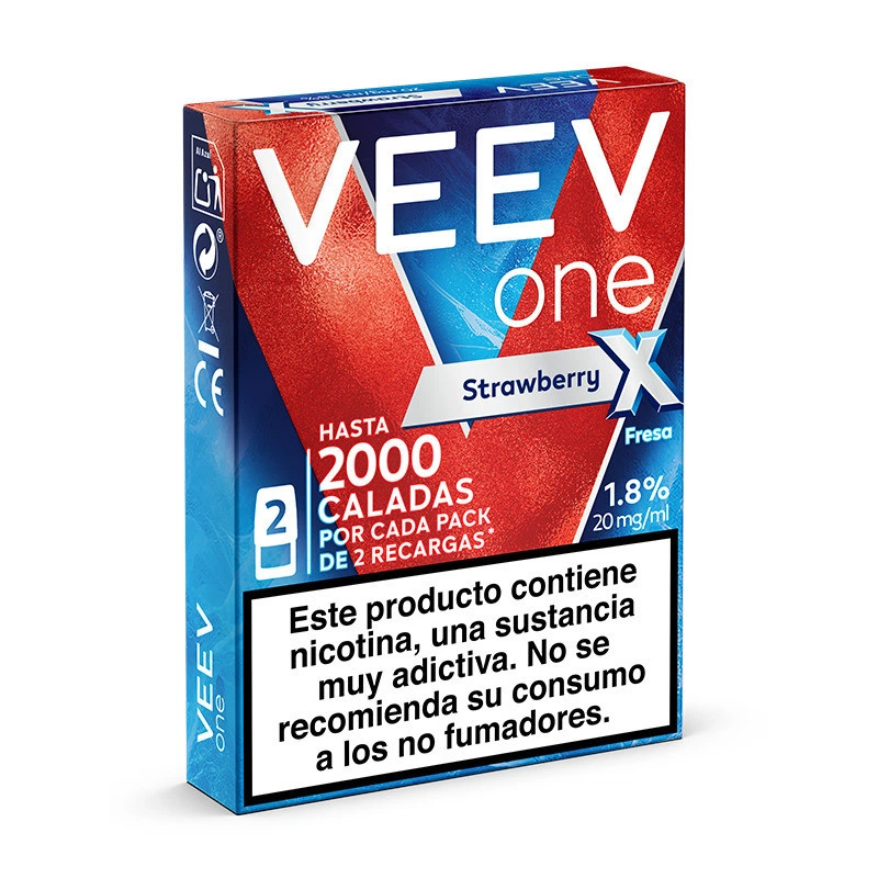 Caja roja y azul de recargas VEEV One de fresa, vista en perspectiva, con etiqueta de 20 mg/ml y advertencia sobre la nicotina.