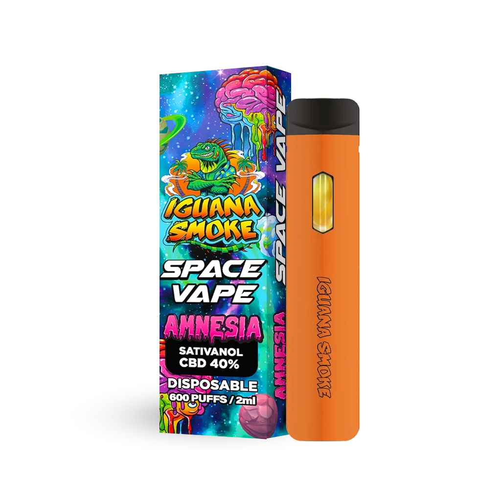 Pod naranja Space Vape Amnesia de Iguana Smoke con boquilla negra, junto a su caja de ilustraciones espaciales sobre fondo negro.