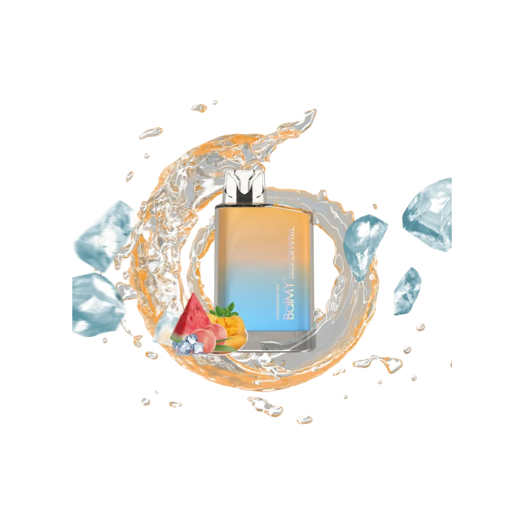 Vaper BalMY Go Crystal Caribbean Mix con degradado naranja y azul, rodeado de una salpicadura circular, hielo y frutas sobre fondo negro. Vaper BalMY Go Crystal Caribbean Mix con degradado naranja y azul, rodeado de una salpicadura circular, hielo y frutas sobre fondo negro.