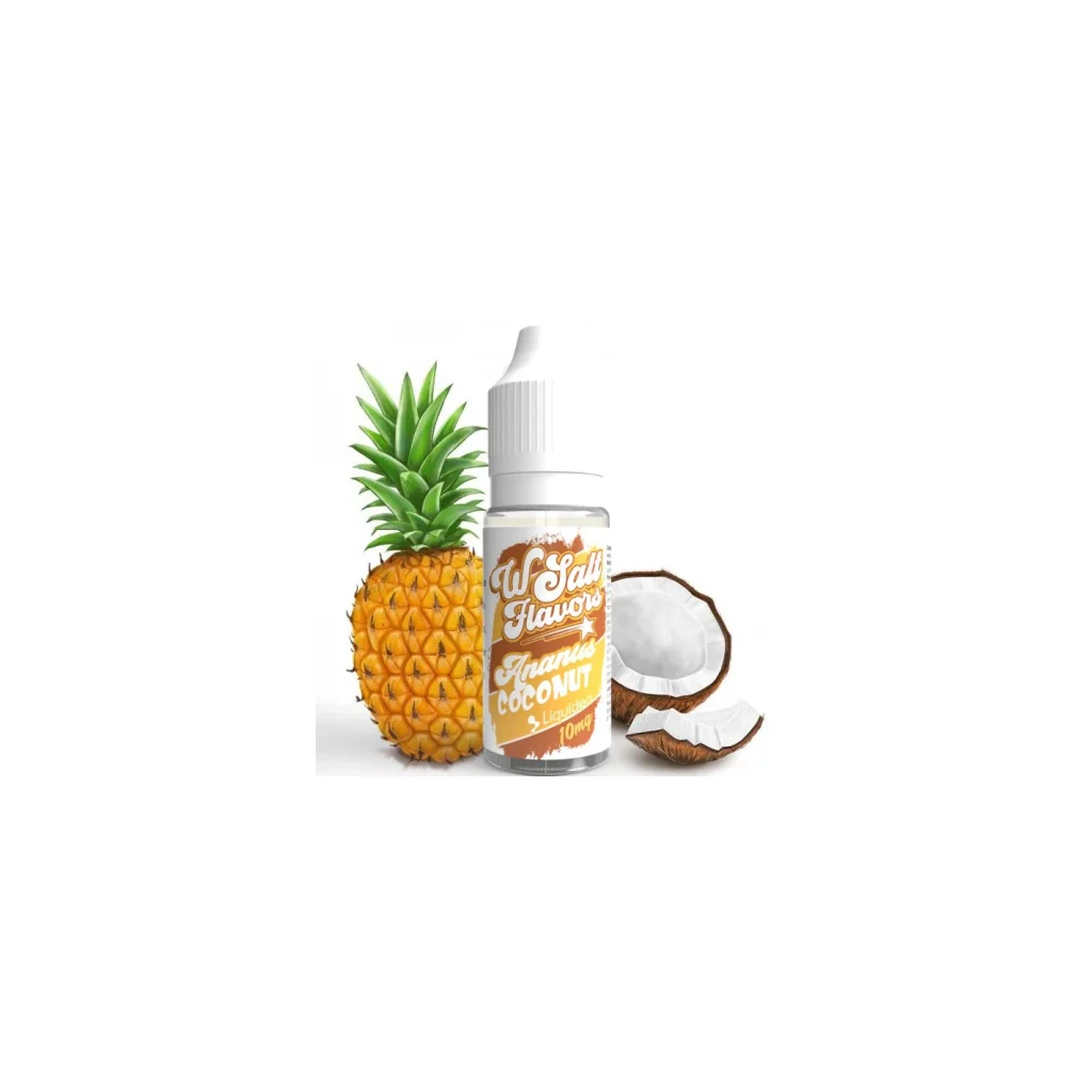 Frasco de sales de nicotina Piña Colada de Liquideo con tapón blanco y etiqueta naranja, junto a una piña y coco abierto sobre fondo blanco.