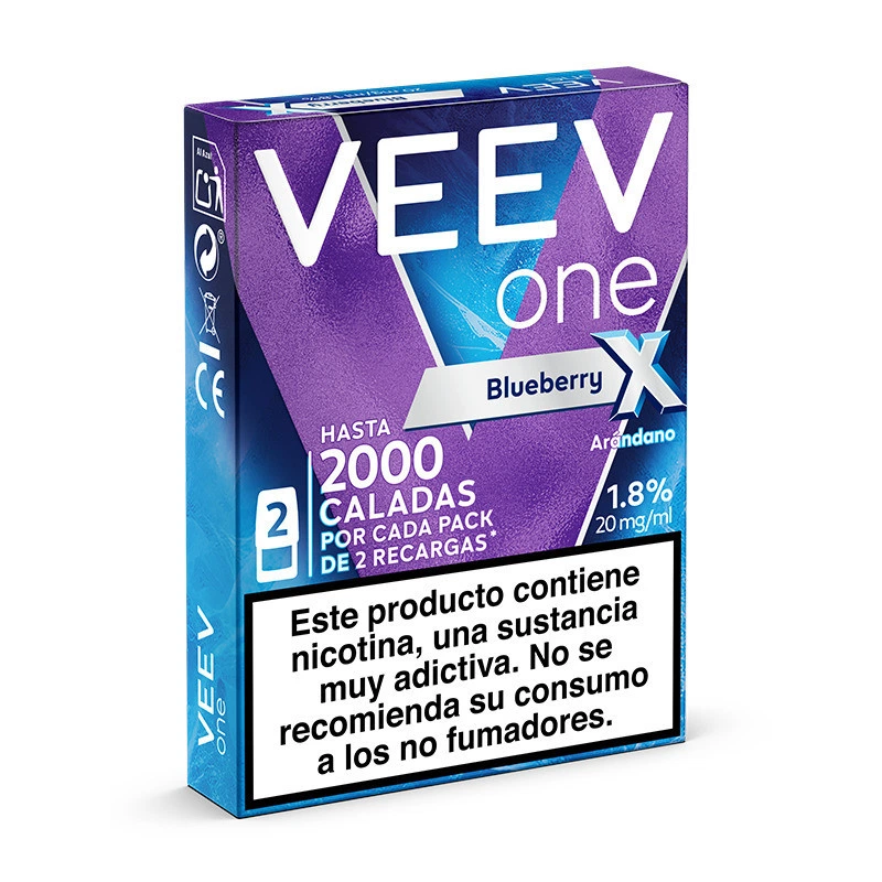 Caja morada y azul de recargas VEEV One Blueberry, con etiqueta de arándano, 20 mg/ml y advertencia sobre la nicotina, sobre fondo blanco.
