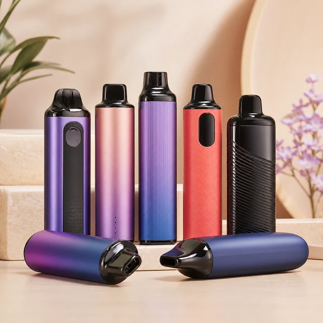 Selección de siete vapeadores de distintos diseños en tonos morados, rosa, azul, rojo y negro; cinco de pie y dos tumbados en primer plano. Selección de siete vapeadores de distintos diseños en tonos morados, rosa, azul, rojo y negro; cinco de pie y dos tumbados en primer plano.