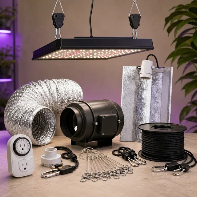 Panel LED suspendido sobre un conjunto de accesorios de cultivo: conducto flexible, extractor, reflector, temporizador y cables. Panel LED suspendido sobre un conjunto de accesorios de cultivo: conducto flexible, extractor, reflector, temporizador y cables.