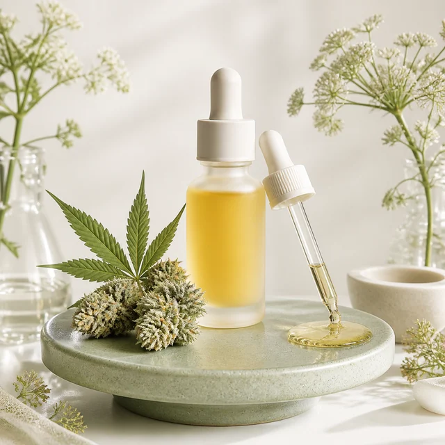 Frasco de líquido amarillo y pipeta con una gota sobre una base circular, junto a cogollos y una hoja de cannabis. Frasco de líquido amarillo y pipeta con una gota sobre una base circular, junto a cogollos y una hoja de cannabis.