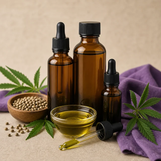 Tres frascos ámbar, dos con cuentagotas, junto a un cuenco de aceite amarillo, una pipeta, semillas y hojas de cannabis sobre tela morada. Tres frascos ámbar, dos con cuentagotas, junto a un cuenco de aceite amarillo, una pipeta, semillas y hojas de cannabis sobre tela morada.