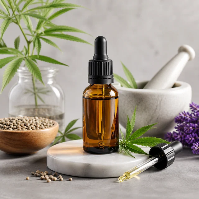 Frasco ámbar con cuentagotas sobre una base circular, junto a una pipeta con líquido, hojas de cannabis, semillas y un mortero.