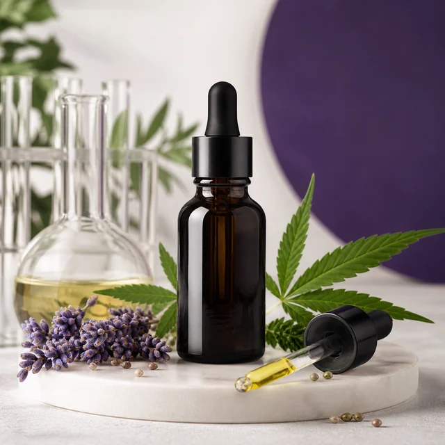 Frasco oscuro con cuentagotas y una pipeta con líquido amarillo sobre una base blanca, junto a hojas de cannabis y flores violetas.