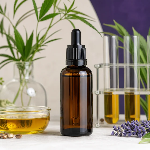Frasco ámbar con cuentagotas junto a un cuenco y tubos de ensayo con líquido amarillo, hojas de cannabis y flores moradas.