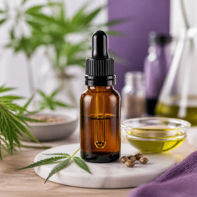 Frasco ámbar con cuentagotas negro sobre una base blanca, junto a semillas, una hoja dentada y un cuenco con líquido amarillo. Frasco ámbar con cuentagotas negro sobre una base blanca, junto a semillas, una hoja dentada y un cuenco con líquido amarillo.