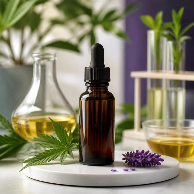 Frasco ámbar con cuentagotas sobre una base blanca, junto a una hoja de cannabis, flores moradas y recipientes con líquido amarillo.