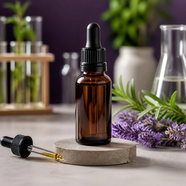 Frasco ámbar con cuentagotas negro sobre una base circular, junto a una pipeta con líquido dorado, lavanda y recipientes de laboratorio. Frasco ámbar con cuentagotas negro sobre una base circular, junto a una pipeta con líquido dorado, lavanda y recipientes de laboratorio.