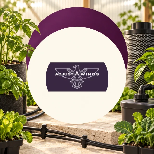 Logotipo de Adjust-A-Wings en un círculo crema con arco morado, entre plantas, tubos de riego y un filtro cilíndrico. Logotipo de Adjust-A-Wings en un círculo crema con arco morado, entre plantas, tubos de riego y un filtro cilíndrico.