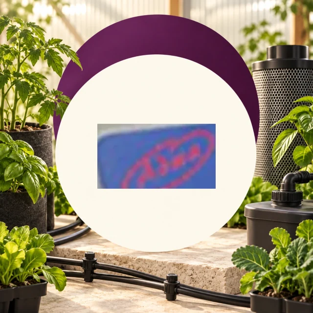 Emblema borroso rojo sobre azul en un círculo claro, rodeado de plantas, tubos de riego y equipos de cultivo. Emblema borroso rojo sobre azul en un círculo claro, rodeado de plantas, tubos de riego y equipos de cultivo.