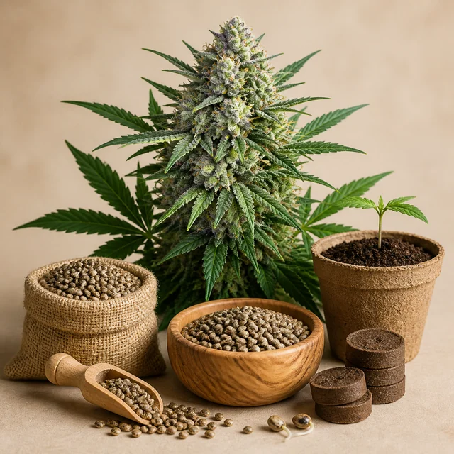 Planta de cannabis con una flor central prominente, semillas en un saco y un cuenco, una plántula y discos de sustrato.