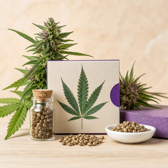 Semillas en un frasco, un cuenco y sobre la mesa, junto a una caja con una hoja de cannabis y plantas con flores al fondo.