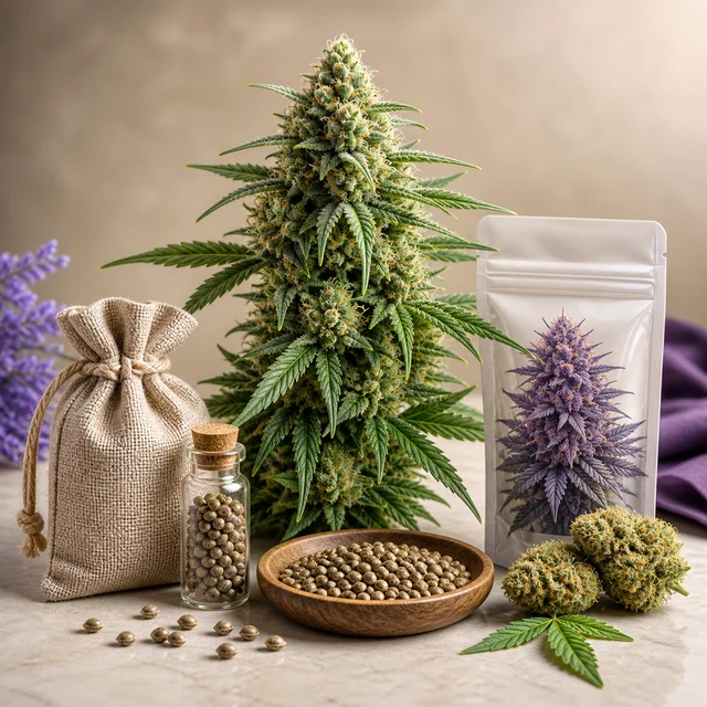 Planta de cannabis con flores junto a un saco, un frasco y un cuenco con semillas, una bolsa ilustrada y cogollos sueltos.