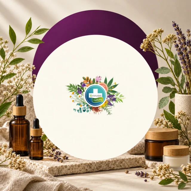 Logotipo de Annabis en un círculo crema con arco morado, rodeado de frascos con cuentagotas, tarros, flores y ramas. Logotipo de Annabis en un círculo crema con arco morado, rodeado de frascos con cuentagotas, tarros, flores y ramas.