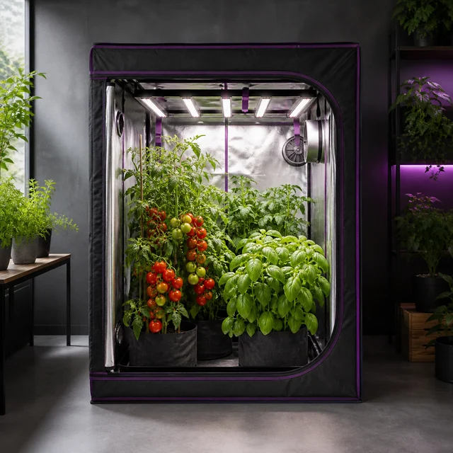 Armario de cultivo abierto con bordes morados, interior reflectante, luces superiores, ventilador y macetas con tomates y albahaca. Armario de cultivo abierto con bordes morados, interior reflectante, luces superiores, ventilador y macetas con tomates y albahaca.
