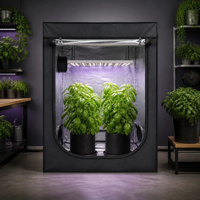 Armario de cultivo negro abierto, con interior reflectante, luz superior y dos plantas en macetas negras, rodeado de otras plantas. Armario de cultivo negro abierto, con interior reflectante, luz superior y dos plantas en macetas negras, rodeado de otras plantas.