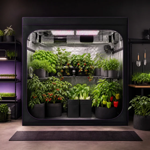 Armario de cultivo abierto con paneles de luz en el techo, ventilador y macetas de hortalizas y hierbas distribuidas en dos niveles. Armario de cultivo abierto con paneles de luz en el techo, ventilador y macetas de hortalizas y hierbas distribuidas en dos niveles.