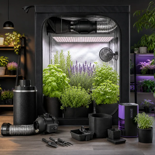 Armario de cultivo abierto con panel LED, plantas y ventilación; delante hay filtro, conducto, extractor, macetas y herramientas. Armario de cultivo abierto con panel LED, plantas y ventilación; delante hay filtro, conducto, extractor, macetas y herramientas.