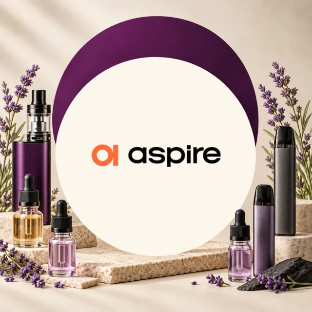 Logotipo de Aspire en un círculo crema, entre vapeadores de distintos formatos, frascos con cuentagotas y ramas de lavanda. Logotipo de Aspire en un círculo crema, entre vapeadores de distintos formatos, frascos con cuentagotas y ramas de lavanda.