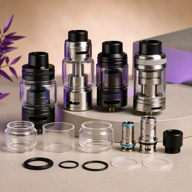 Selección de cuatro atomizadores para vaper en negro y plateado, con depósitos transparentes, resistencias, boquilla y juntas de recambio. Selección de cuatro atomizadores para vaper en negro y plateado, con depósitos transparentes, resistencias, boquilla y juntas de recambio.