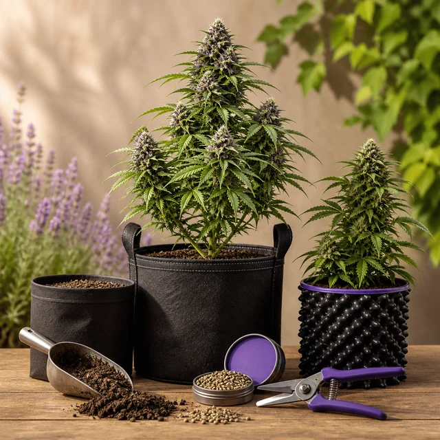 Dos plantas de cannabis con cogollos en macetas distintas, junto a una maceta vacía, una pala con sustrato, semillas y tijeras. Dos plantas de cannabis con cogollos en macetas distintas, junto a una maceta vacía, una pala con sustrato, semillas y tijeras.
