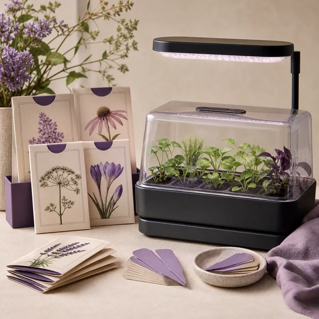 Semillero con tapa transparente y lámpara superior, con pequeñas plantas junto a sobres con ilustraciones florales y etiquetas moradas. Semillero con tapa transparente y lámpara superior, con pequeñas plantas junto a sobres con ilustraciones florales y etiquetas moradas.