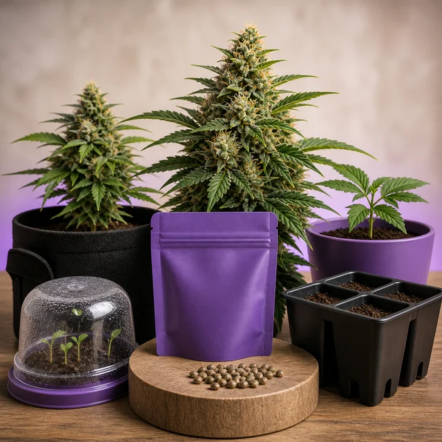 Escena ilustrada con plantas de cannabis de distintos tamaños, una bolsa morada, semillas, un semillero y brotes bajo una cúpula transparente. Escena ilustrada con plantas de cannabis de distintos tamaños, una bolsa morada, semillas, un semillero y brotes bajo una cúpula transparente.