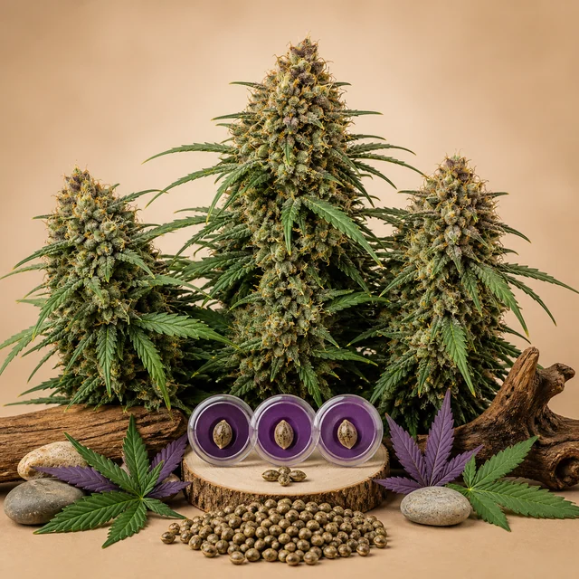 Escena ilustrada con plantas de cannabis de grandes cogollos, semillas en primer plano y tres recipientes circulares con fondo morado. Escena ilustrada con plantas de cannabis de grandes cogollos, semillas en primer plano y tres recipientes circulares con fondo morado.