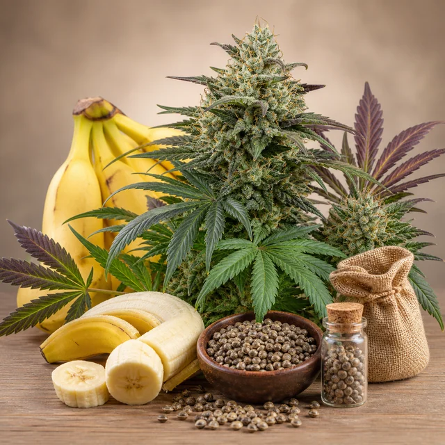 Composición con cogollos y hojas de cannabis, plátanos enteros y cortados, un cuenco de semillas, un frasco y un saco.